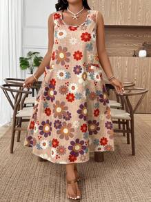 EMERY ROSE فستان صيفي أكبر مقاسات للنساء، أكمام بلا أكمام، برقبة دائرية، به جيوب، بطبعات زهور وجرافيتي على خلفية بِيج، بطراز كاجوال كلاسيكي بسيط، مناسب للخروجات اليومية والعطلات والإطلالات المريحة