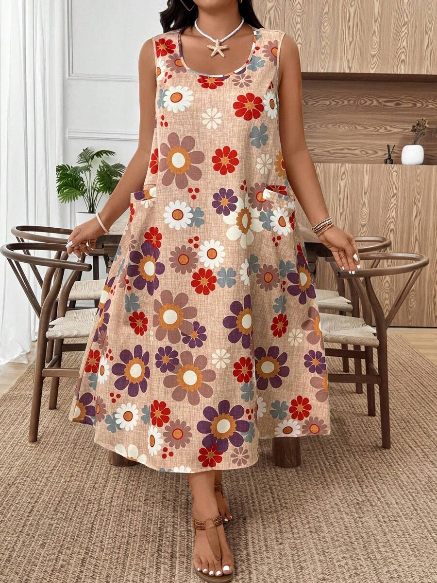 EMERY ROSE فستان صيفي أكبر مقاسات للنساء، أكمام بلا أكمام، برقبة دائرية، به جيوب، بطبعات زهور وجرافيتي على خلفية بِيج، بطراز كاجوال كلاسيكي بسيط، مناسب للخروجات اليومية والعطلات والإطلالات المريحة