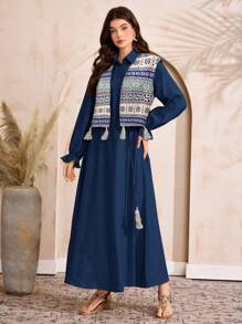 Al Najma 女士阿拉伯时尚套装，长袖，适合夏季 - 藏蓝色 - 查看 2