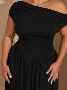 SHEIN Tall CURVE Váy Maxi chữ A thanh lịch, vải co giãn siêu đa năng cỡ lớn cho nữ, màu đen hoặc mặc hàng ngày, dự tiệc, trễ vai, dành cho phụ nữ to lớn - màu đen - Xem 6