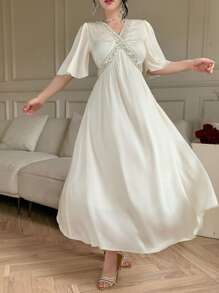 DAZY Women's Summer Elegant Beaded & Sequin Patchwork Short Sleeve Long Textured Fabric Cinched Waist Casual Vacation Boho Dress