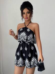 Elenzga Women's Floral Print Ruffle Trim Halter Neck Casual Romper - Black - View 5