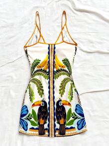 Soleia Women's Vacation Tropical Palm Tree & Leaf Spaghetti Strap Mini Wrap Dress Aloha Outfits Women Print - Multicolor - View 2