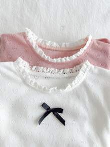 Cozy Pixies 2pcs/Set Baby Girl Ruffled Collar Bow Decor Short Sleeve Pullover Top - Multicolor - View 6