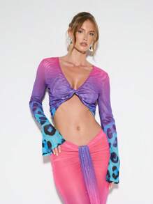 KIZN Saída de praia de manga comprida com decote em V, top curto com frente torcida e mangas sino, estampa animal, roupa de praia para resort, saída de piscina para férias - Multicolorido - Ver 1