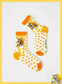 TOM & JERRY X SHEIN Meias de cano alto com estampa de desenho animado e laço triangular amarelo - Multicolorido - Ver 3