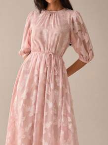 Lilora Women All-Over Print Tie-Knot Midi Dress, Elegant Summer Urban Style Pink Midi Round Neck Dress Romantic And Elegant Urban Leisure, Romantic And Elegant, Going Out - Baby Pink - View 6