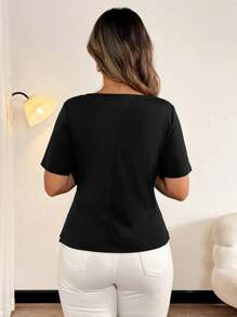 Vionelle 大码女童休闲3D花朵褶饰腰部收紧不对称开衩短袖T恤 - 黑色 - 查看 2