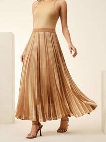 Anewsta 女士优雅褶皱亮片针织裙，适合节日、春季、商务休闲、端庄、老派风格 - 咖啡棕 - 查看 4