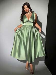 Viva Relle Plus Size Summer Elegant Solid Color Sleeveless Dress - Green - View 6