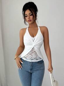 Elenzga Top sin mangas con cuello de halter y parches de encaje blanco para mujer - Blanco - Ver 4