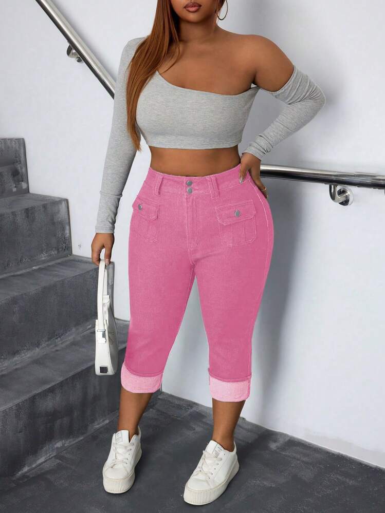 SHEIN CURVE+ Bohemian Style Plus Size Women Elastic Tight Folding Hem 3/4 Jeans, Autumn - Pink - View 4