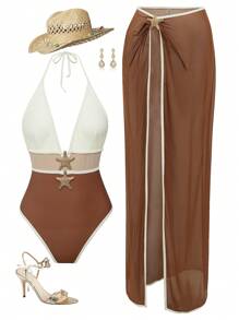 Swim SXY Set da 2 pezzi nuovo costume da bagno intero estivo multicolore con spalline annodate, schiena scoperta, per festa e spiaggia, con kimono lungo e gonna sarong, set da spiaggia per donna