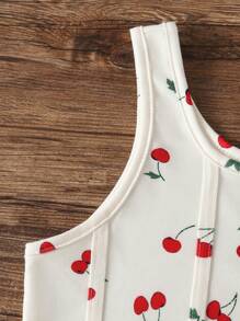 2pcs Teen Girl& Teen Girl Cherry Print Denim Shorts + Vest Tops Suits, Cute Vacation Set