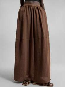 Ontre 现代都市风格，极简主义舒适风格，条纹材质，棕色，女式 A 字裙，飘逸，松紧腰身，日常穿着，通勤，休闲，商务休闲，2025 年新款，初秋