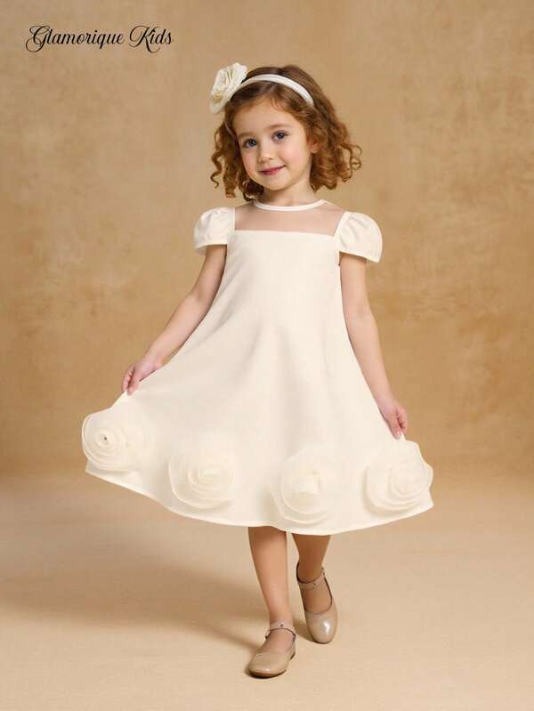 SHEIN Glamorique Kids Young Girl Spring/Summer New Satin Fabric Round Neck Splice Cape Sleeve A-Line 3D Floral Elegant Wedding Party Dress