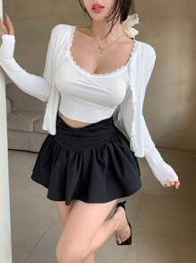 DAZY 2pcs Women Lace Splice Camisole And Fitted Long Sleeve Jacket Set, Pure Casual Tops - White - View 2