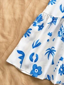 Soleia 女士度假主题水彩海洋印花休闲迷你连衣裙，适合海滩度假、夏季、返校、休闲、约会、下午茶、海滩、游轮、公路旅行、音乐节、波西米亚风度假 - 藍白色 - 查看 3