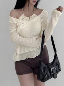 DAZY Áo thun nữ tay dài thiết kế bo gấu xếp nếp, dây đeo vai cho nữ - Màu be - Xem 5