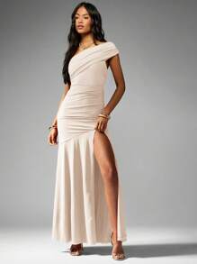 MISSGUIDED One Shoulder Ruched Evening Gown Floor Length Formal Wedding Guest Party Maxi Dress With High Split Draped Design Elegant - Cream - View 4