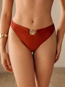 Elaire Women Summer Beach Solid Color Metal Decor Sexy Bikini Bottom - Mocha Brown - View 4