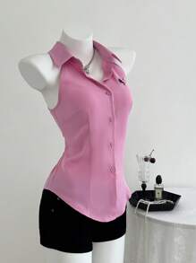 Elamini White Embroidered Fitted Sleeveless Pink Shirt, Spring/Summer - Pink - View 6