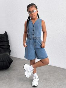 Tween 女童夏季休闲 V 领牛仔背心和低腰宽松阔腿牛仔长短裤百慕大短裤两件套，简约时尚，适合日常穿着，女童夏季海滩波西米亚风度假短裤，夏季音乐会节日休闲狂欢装，女童夏季早午餐教堂毕业装，返校 - 中等水洗藍 - 查看 5