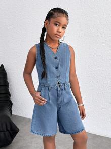 Tween 女童夏季休闲 V 领牛仔背心和低腰宽松阔腿牛仔长短裤百慕大短裤两件套，简约时尚，适合日常穿着，女童夏季海滩波西米亚风度假短裤，夏季音乐会节日休闲狂欢装，女童夏季早午餐教堂毕业装，返校 - 中等水洗藍 - 查看 6