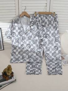Men's Gray Minimalist Gentlemen Plaid Print Short Sleeve Cardigan And Loose Pants 2-Piece Casual Pajama Set