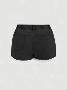SHEIN MOD Short en jean déchiré à la mode avec décor de strass pour femmes grande taille