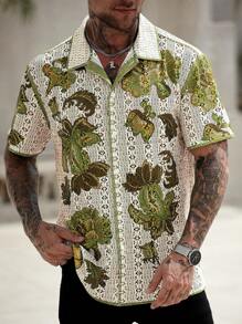 OTTIMOZO 男士夏季花卉印花网眼纽扣度假短袖衬衫 - 彩色 - 查看 4