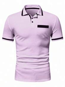 Calvornis Áo thun polo nam có túi viền tương phản, công sở thường ngày, mùa hè - Màu tím hoa cà - Xem 3