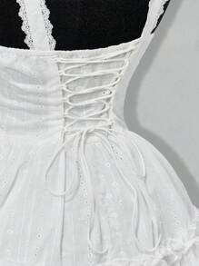 SHEIN ICON 女士白色茶会刺绣束腰外衣时尚优雅蕾丝边结饰吊带连衣裙 - 白色 - 查看 8