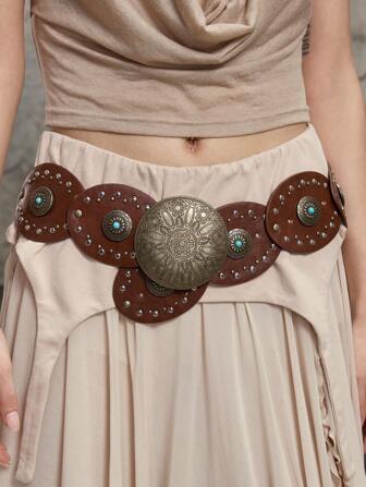 Hippie 1 pieza Cinturón ancho decorativo de mujer marrón y turquesa de dos tonos con diseño de seta, accesorio versátil para uso diario con jeans de mezclilla