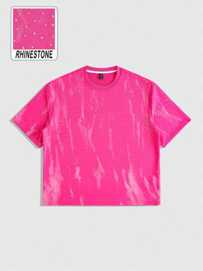 Street Life Men's Sparkling Rhinestone Washed Short Sleeve T-Shirt, Oversized Cropped Style