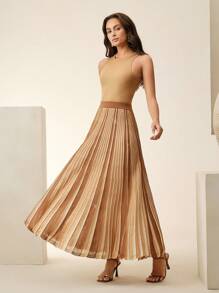 Anewsta 女士优雅褶皱亮片针织裙，适合节日、春季、商务休闲、端庄、老派风格 - 咖啡棕 - 查看 3