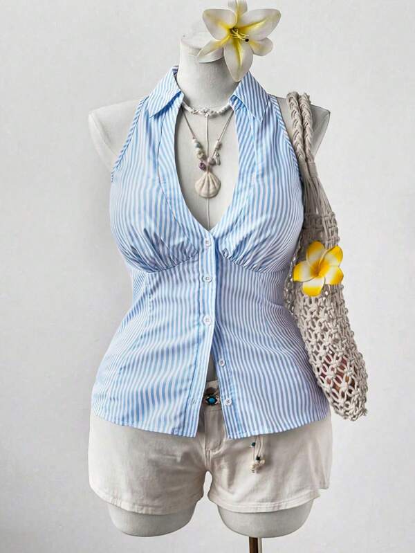 Sweetra Plus Size Women's V-Neck Collar Striped Blue And White Contrast Color Button Front Fitted Blouse, Spring/Summer