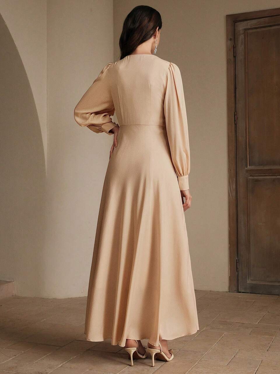 Elegant V-Neck Ruched Waist Slim Fit Dress, Fashionable And Chic For Spring/Summer