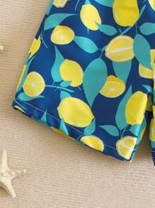 小男孩简约时尚柠檬印花抽绳下摆沙滩短裤，舒适清新设计（爸爸和我搭配，3件分开出售） - 彩色 - 查看 4