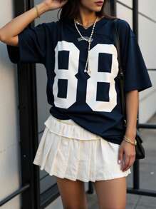 Plus Size Women Numeric Print V-Neck Short Sleeve Casual T-Shirt - Royal Blue - View 5
