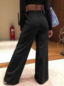 SHEIN Slayr Women's Casual Solid Color Drawstring Waist Black Sweatpants - Black - View 2