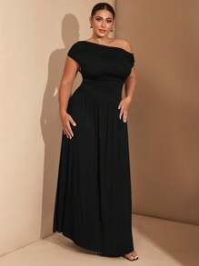 SHEIN Tall CURVE Váy Maxi chữ A thanh lịch, vải co giãn siêu đa năng cỡ lớn cho nữ, màu đen hoặc mặc hàng ngày, dự tiệc, trễ vai, dành cho phụ nữ to lớn - màu đen - Xem 5