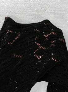 SHEIN LUNE 大码女式镂空纽扣开衫，针织轻便毛衣夹克 - 黑色 - 查看 7