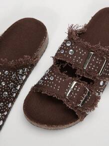 Solecia Women Round Toe Brocade Fringed Double-Buckle Flat Comfortable Casual, Party, Commuting Fashion Versatile Shoes For Christmas