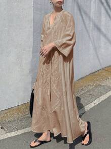 FRIFUL 女士全蕾丝刺绣袖口网纱刺绣 A 字中长连衣裙，纯色度假休闲连衣裙，适合音乐节、毕业典礼亚麻长裙长裙丝质连衣裙韩版连衣裙秋季连衣裙刺绣连衣裙夏季连衣裙宽松连衣裙长袖连衣裙 - 卡其色 - 查看 5