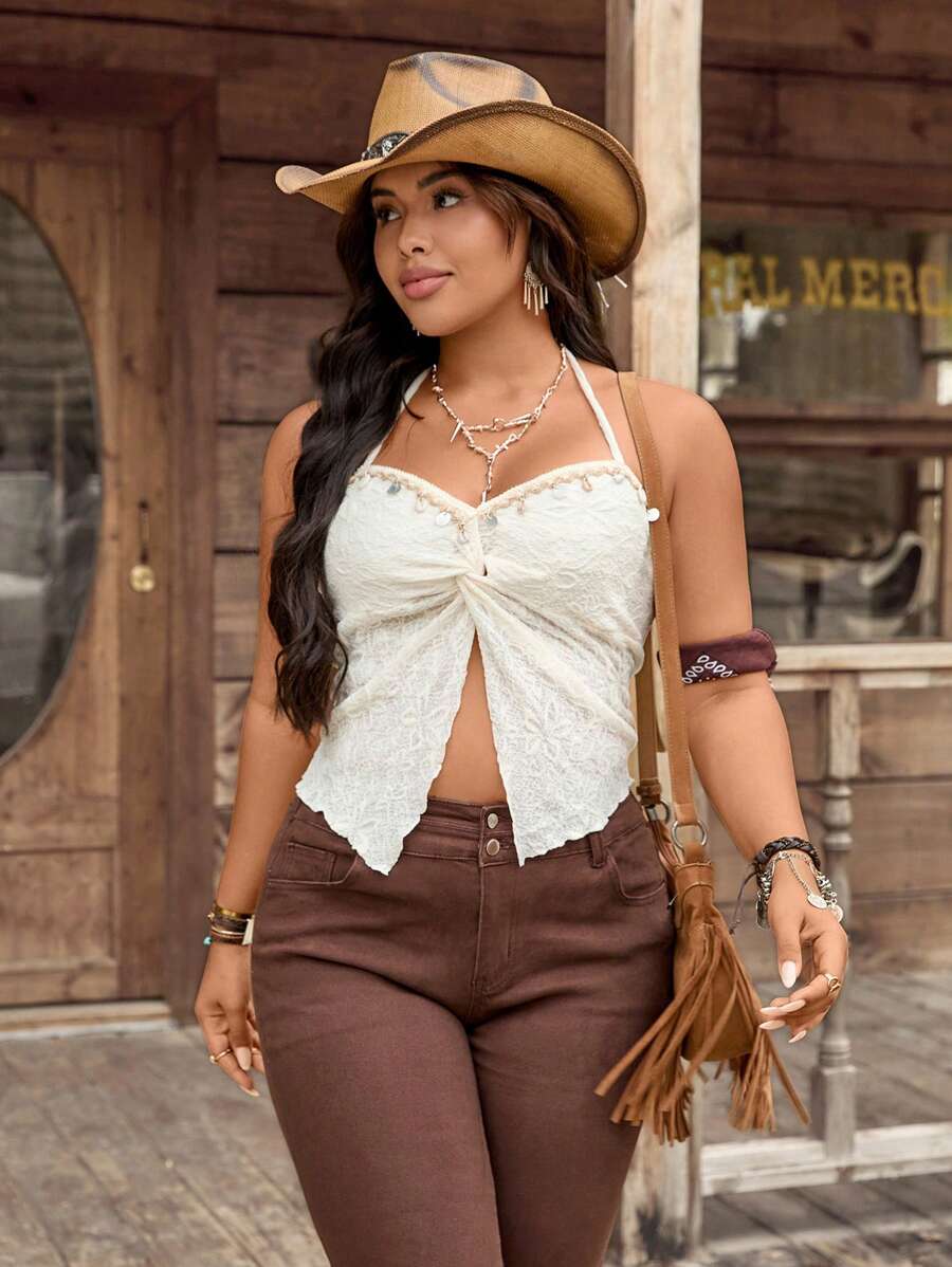 EMERY ROSE CURVE Plus Size Women Spaghetti Strap Twist Knot Textured Camisole Top For Vacation, Spring/Summer - Apricot - View 1