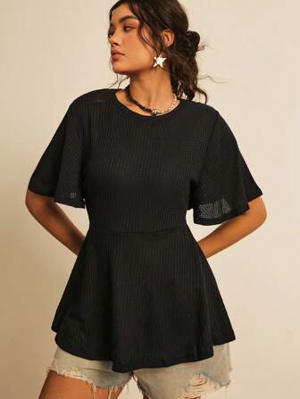 Freevana Plus Waffle Knit Butterfly Sleeve Peplum Tee