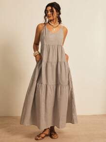 Freevana Váy dài thường ngày kẻ sọc không tay cỡ lớn - Cà phê nâu - Xem 1