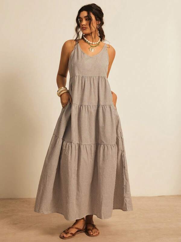 Freevana Plus Size Sleeveless Striped Long Casual Dress,Summer Outfits For Women,Sun Dresses For Women