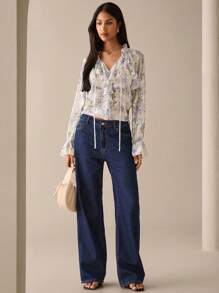 Lilora Blusa elegante de manga larga con volantes y estampado floral para vacaciones, de estilo urbano para salir - Camiseta divertida de mujer de manga larga y volantes, de estilo urbano, romántico y elegante, para salir - Púrpura malva - Ver 5
